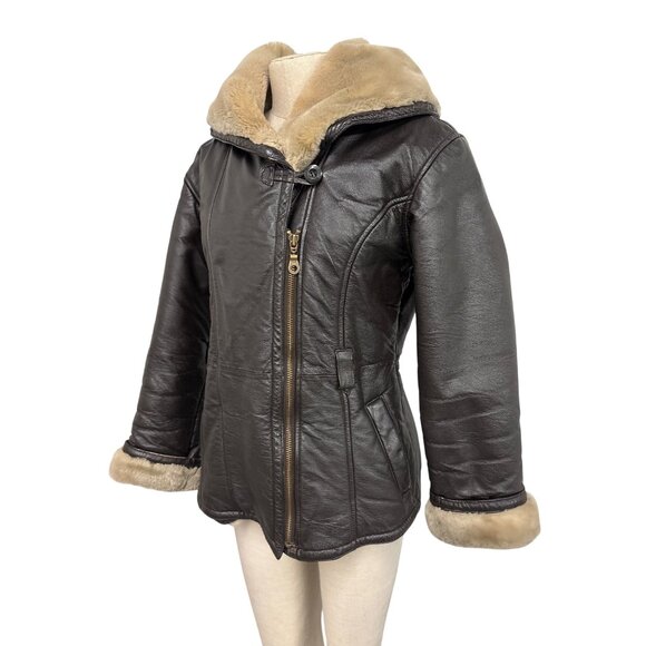 Vintage Womens Wilsons Leather Shearling Jacket Brown Small Hooded Fur Trimmed - Picture 7 of 14